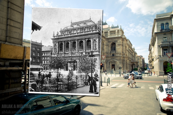 Budapest, VI. Operaház a Hajós utca felől, előtérben a Drechsler Kávéház terasza